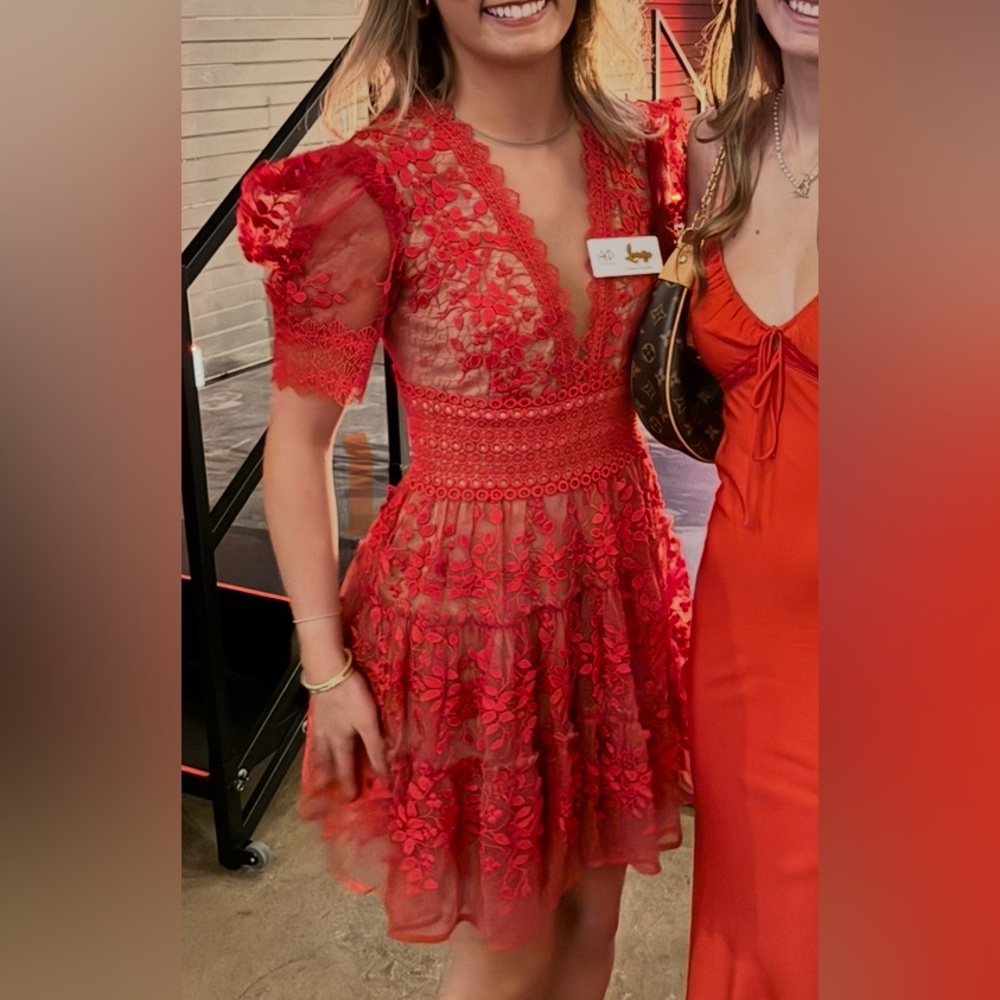 Bronx and Banco Megan Tiered Puff-Sleeve Lace Mini Dress in Red